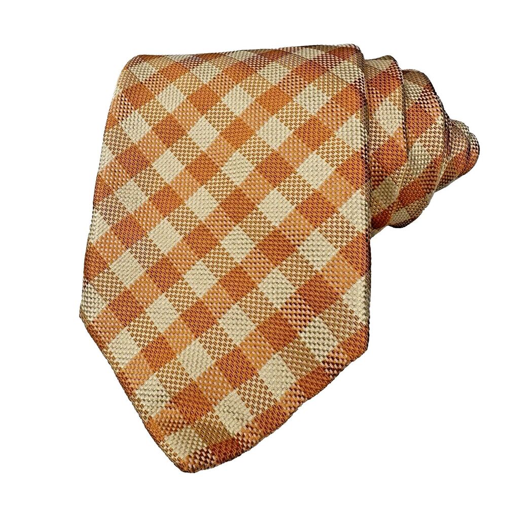 Paul Stuart Men's 100% Silk Necktie Designer Orange Check Italy 3-3/8"x60"